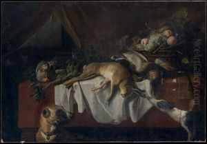 Coupe De Fruits, Gibier Et Artichauts Sur Un Entablement Avec Deux Chiens