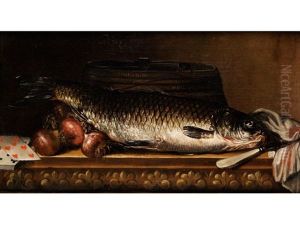 Stilleben Mit Karpfen, Zwiebeln, Spielkarten Und Messer by Pieter Van Boucle