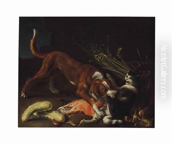 A Dog And Cat Fighting Over A Basket Of Meat - view 1