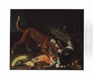 A Dog And Cat Fighting Over A Basket Of Meat