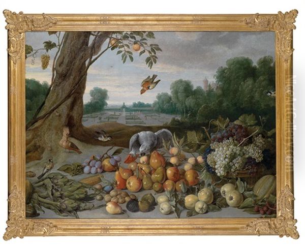 Ein Stilleben Mit Apfeln, Birnen, Quitten, Trauben, Pflaumen, Beeren, Feigen, Melone, Nussen Und Artischocken, Einem Graupapagei, Einem Wiedehopf Und Singvogeln Vor Einer Parklandschaft - view 1