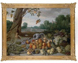 Ein Stilleben Mit Apfeln, Birnen, Quitten, Trauben, Pflaumen, Beeren, Feigen, Melone, Nussen Und Artischocken, Einem Graupapagei, Einem Wiedehopf Und Singvogeln Vor Einer Parklandschaft
