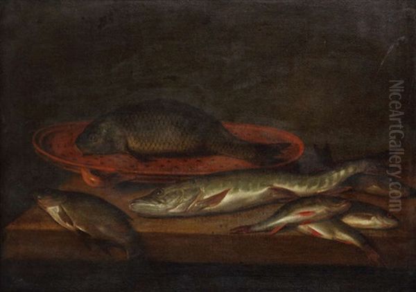Nature Morte Aux Poissons D'eau Douce Sur Entablement - view 1