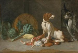 Two Hounds With A Still Life Of Entrails, Artichokes, Lettuce, Squash And A Woven Basket
