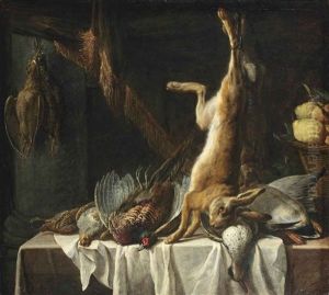 A Hare, Rabbit, Phaesant, Ducks And Other Game Together With A Basket Of Fruit, On A Partially Draped Table