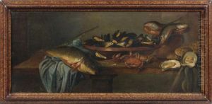 Carpe, Poissons, Moules, Huitres Et Crabe Sur Un Entablement