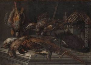 Nature Morte De Gibier Sur Un Entablement : Tetras, Poules Faisanes, Sarcelles Et Coqs