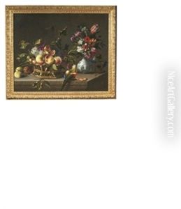 Un Panier De Fruits, Des Fleurs Dans Un Vase Et Un Perroquet Sur Un Entablement En Pierre (pair)