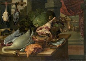 Nature Morte Au Cygne Et Aux Canards Et Dans Le Fond, Deux Servantes Pres D'une Cheminee