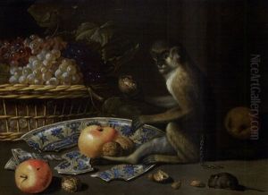 Natura Morta Con Cesto D'uva, Piatto Rotto, Mele E Noci, Una Scimmia E Un Topolino