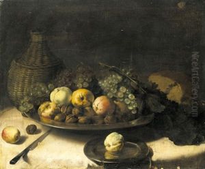 A Still Life With Fruit And Walnuts In A Silver Bowl, A Cask Of Wine, A Knife And Other Objects Laid Out On A Draped Table by Pieter Van Boucle