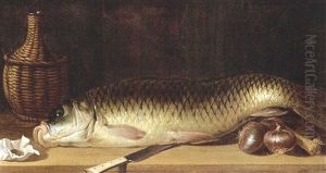 A Still Life With A Carp, Red Onions, A Knife, A Wicker-bottle And A Paper Pouch With Tobacco, All On A Wooden Ledge by Pieter Van Boucle