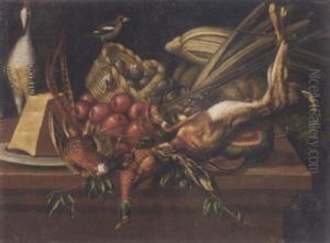 Pheasants, A Dead Hare And A Shot-gun With Plums In A Basket, Apples, Cheese, Pumpkins And Other Vegetables On A Stone Ledge by Pieter Van Boucle