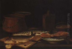 A Still Life Of Freshwater Fish On A Chopping Board, Filleted Fish In A Porcelain Dish, A Copper Urn And Earthenware Vessels