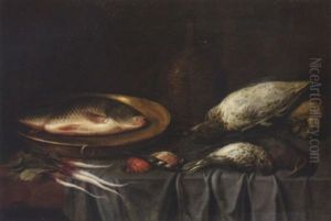 A Carp On A Brass Salver With A Dead Duck And Songbirds, A Flask And Radishes On A Partially Draped Table A Carp On A Brass Salver With A Dead Duck And Songbirds, A Flask And Radishes On A Partially Draped Table