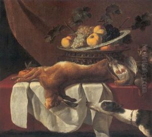 Still Life Of Fruit In A Blue And White Porcelain Bowl Resting On Another Bowl, A Dead Hare, A Brace Of Grouse, All On A Table, A Cat And Dog by Pieter Van Boucle