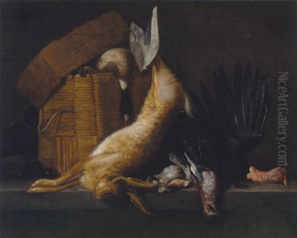 Still Life Of A Dead Hare, Turkey, Jays And A Songbird With A Basket And A Dead Mallard On A Ledge - view 1