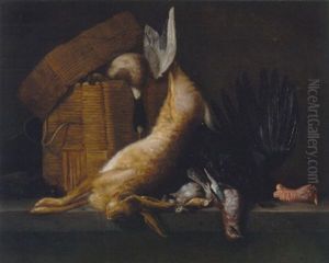 Still Life Of A Dead Hare, Turkey, Jays And A Songbird With A Basket And A Dead Mallard On A Ledge by Pieter Van Boucle