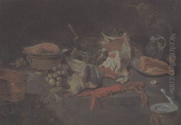 Kuchenstilleben Mit Lebensmitteln, Geschirr Und Morser - view 1