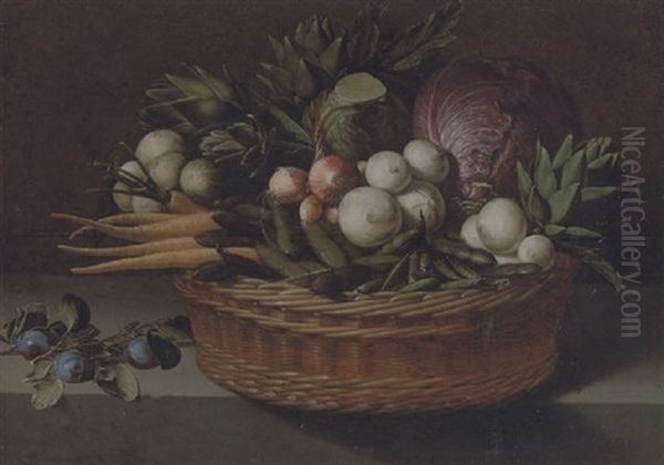Onions, Peas, Beans, Turnips, Parsnips, Artichokes, Cabbages And A Marrow In A Wicker Basket With Plums On A Stone Ledge - view 1