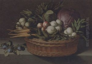 Onions, Peas, Beans, Turnips, Parsnips, Artichokes, Cabbages And A Marrow In A Wicker Basket With Plums On A Stone Ledge thumbnail