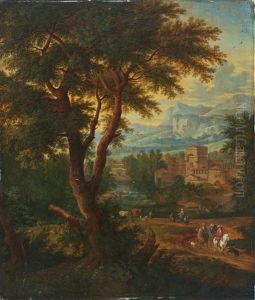 Landscape With Figures By A River And A Small Town In The Background by Adriaen Frans Boudewyns the Elder