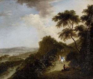 Elegant Figures On Horseback With Dogs On A Country Path by Adriaen Frans Boudewyns the Elder