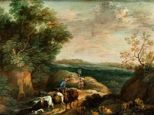 Reisende In Einer Landschaft Mit Bach Und Schafen by Adriaen Frans Boudewyns the Elder