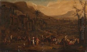 A Southern Landscape With A Market Scene by Adriaen Frans Boudewyns the Elder