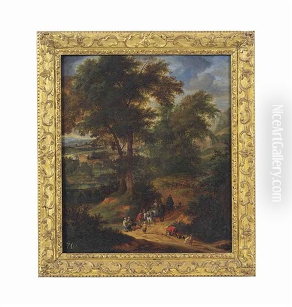 A Wooded Landscape With Travellers On A Track, A Town Beyond by Adriaen Frans Boudewyns the Elder