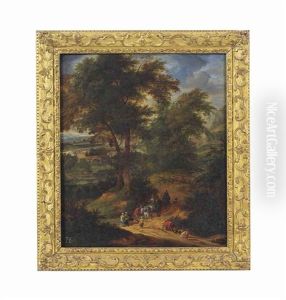 A Wooded Landscape With Travellers On A Track, A Town Beyond by Adriaen Frans Boudewyns the Elder