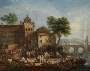 Market Scene In A River Town by Adriaen Frans Boudewyns the Elder