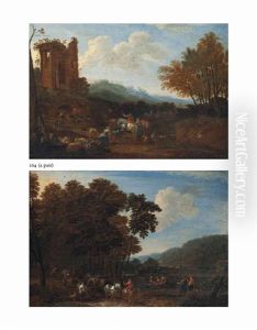 A Wooded Landscape With Shepherds Resting With Their Flock By A Ruined Temple And A Wooded River Landscape With A Horse-drawn Timber Cart (pair) by Adriaen Frans Boudewyns the Elder