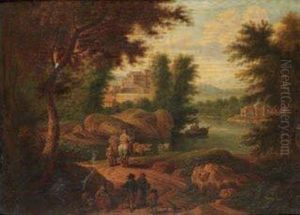 Promeneurs Et Paysans Sur Un Chemin Le Long D'une Riviere