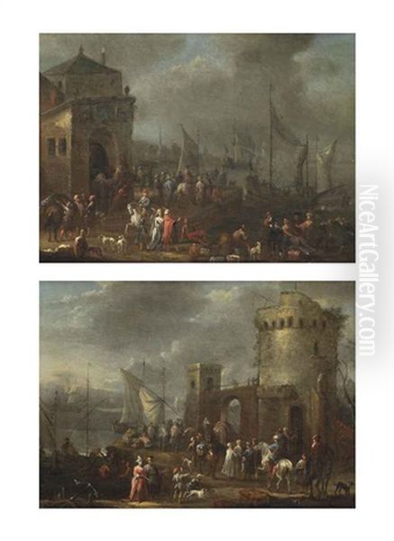 A Harbour Capriccio With Numerous Figures And A Coastal Landscape With Numerous Figures Near A Tower (a Pair) - view 1