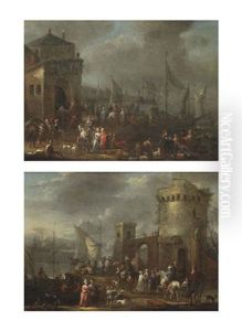 A Harbour Capriccio With Numerous Figures And A Coastal Landscape With Numerous Figures Near A Tower (a Pair) by Adriaen Frans Boudewyns the Elder