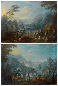 Cavaliers Et Paysans Dans Des Paysages De Riviere (pair) by Adriaen Frans Boudewyns the Elder