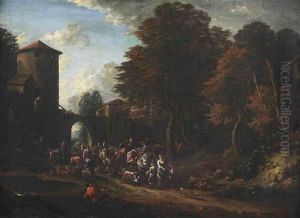 A Wooded Landscape With Merchants Near A Village Gate by Adriaen Frans Boudewyns the Elder