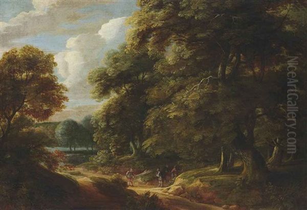 A Wooded Landscape With Travellers On A Track Conversing - view 1