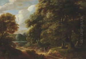 A Wooded Landscape With Travellers On A Track Conversing by Adriaen Frans Boudewyns the Elder
