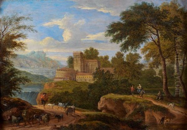 Personnages Se Promenant Aux Abords D'un Village Fortifie Au Bord D'une Cascade - view 1