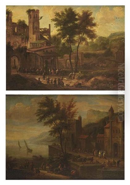 A Village Feast On The Outskirts Of A Town (+ A Coastal Landscape With Oriental Figures In A Harbor; Pair) - view 1