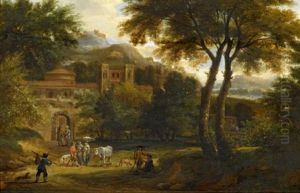 Sudliche Landschaft Mit Figuren Vor Einem Schloss Und Bergen by Adriaen Frans Boudewyns the Elder