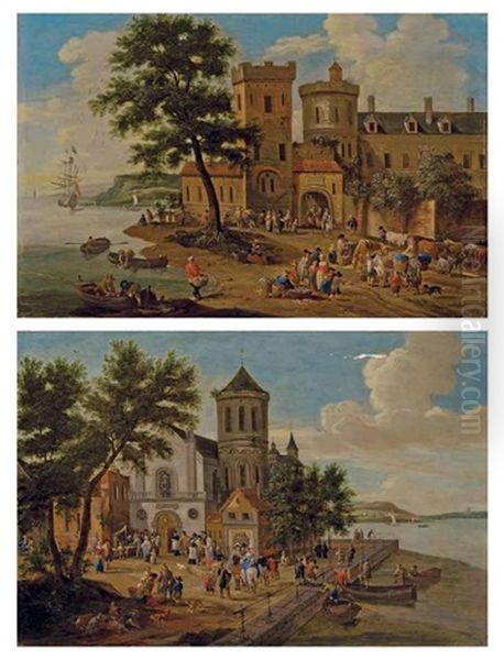 Scene De Marche Au Bord D'une Riviere A L'entree D'une Ville (+ Personnages Devant L'eglise Du Village Aux Abords Du Fleuve; Pair) - view 1