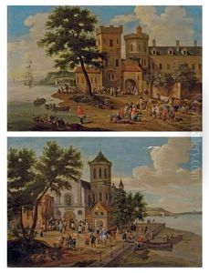 Scene De Marche Au Bord D'une Riviere A L'entree D'une Ville (+ Personnages Devant L'eglise Du Village Aux Abords Du Fleuve; Pair)