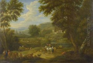Bewaldete Landschaft Mit Bauersleuten Und Ihrem Vieh by Adriaen Frans Boudewyns the Elder