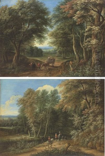 A Wooded Landscape With Travelers And A Cart And Horse (+ A Wooded Landscape With Travelers, A Castle Beyond; Pair) - view 1
