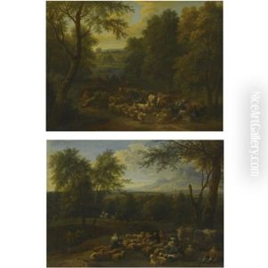 An Italianate Landscape With Peasants Seated By Their Herd In The Foreground (+ An Italianate Landscape With Travellers On A Path And A Herd Resting In The Foreground; Pair) by Adriaen Frans Boudewyns the Elder