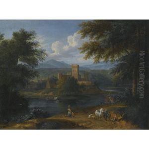 A Wooded River Landscape With Travellers On A Path, A Village Beyond by Adriaen Frans Boudewyns the Elder