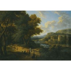 A River Landscape With Peasants In The Foreground, A Herdsman Driving His Livestock Down A Woodland Path With An Italianate Castle In The Distance by Adriaen Frans Boudewyns the Elder